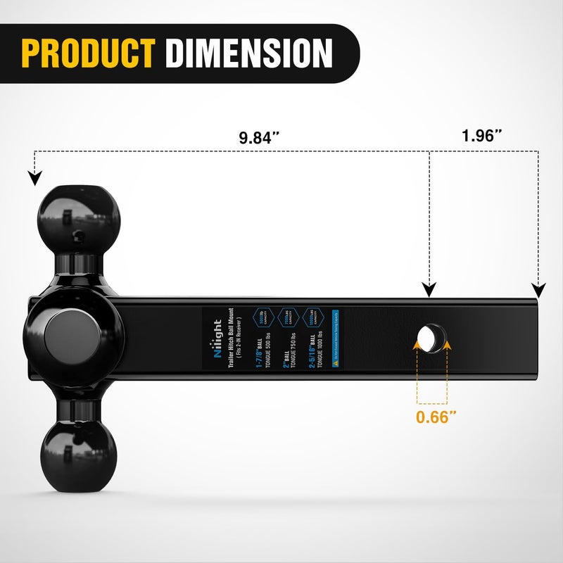Nilight Trailer Hitch Ball Mount, 1-7/8 Inch, 2 Inch, 2-5/16 Inch Balls, Fits 2 Inch Square Receiver, 10,000 lbs - Image 2